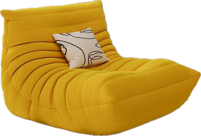 Yellow bean bag chair with a patterned pillow on a white background