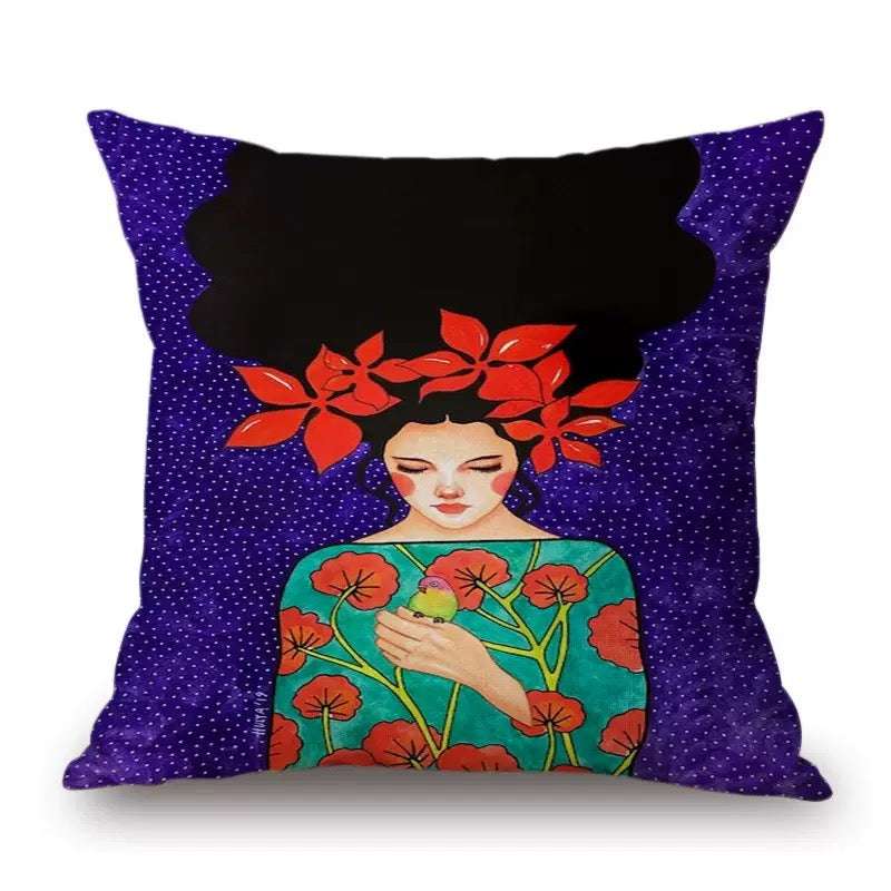 Decorative pillow with a colorful design of a woman holding a flower against a purple background