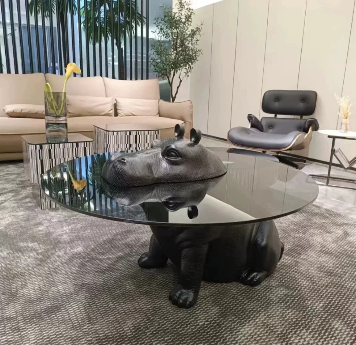 Hippo-shaped coffee table in a modern living room setting