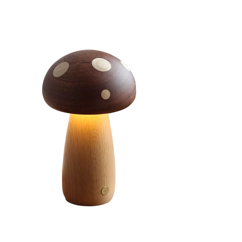 Mushroom-shaped lamp with wooden body and brown cap on a white background