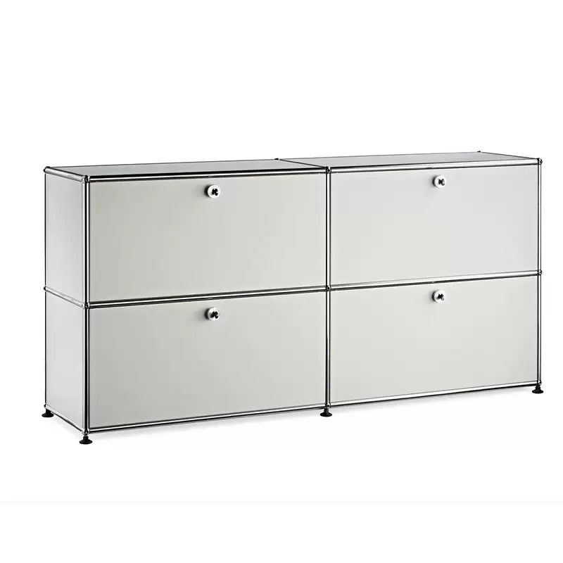 A modern four-drawer storage cabinet with a chrome tubular metal frame, square panels, and small round silver knobs, shown on a plain white background.