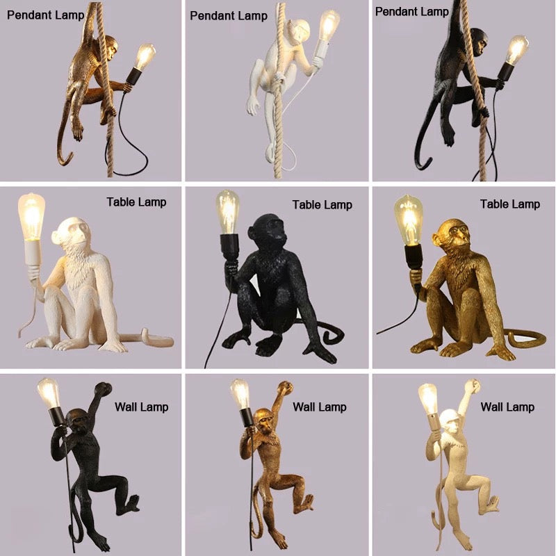 Collage of monkey-themed lamps in various poses on a gray background