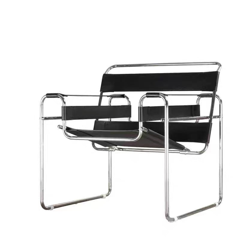 Modern chair with black leather seats and chrome frame on a white background