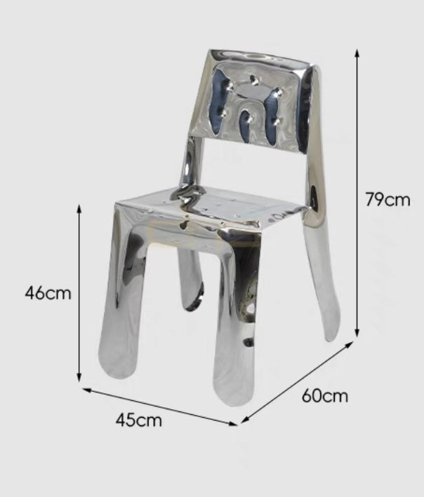 Silver chair with dimensions labeled on a white background