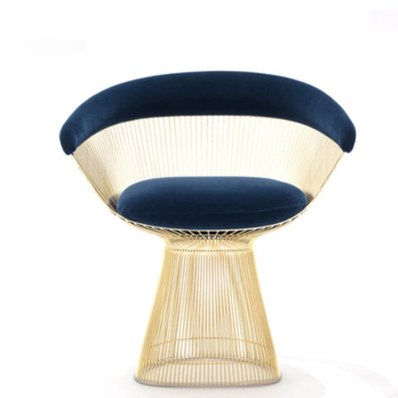 Modern chair with blue cushioned seat and backrest on a white background