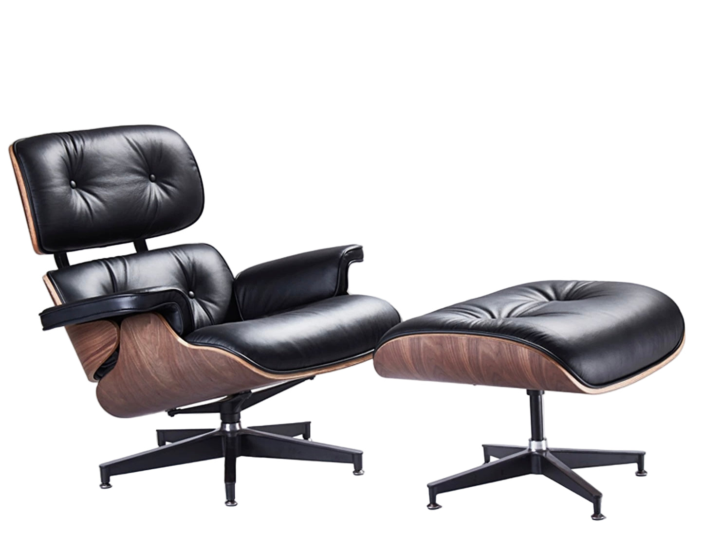 Black leather lounge chair and ottoman on a white background