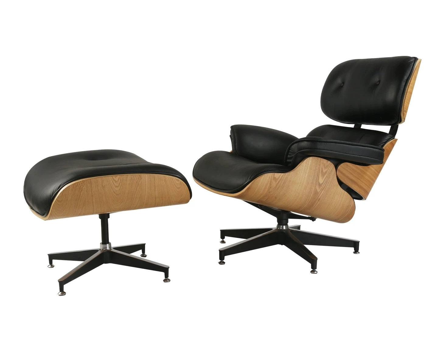 Black and wood chair with ottoman on a white background