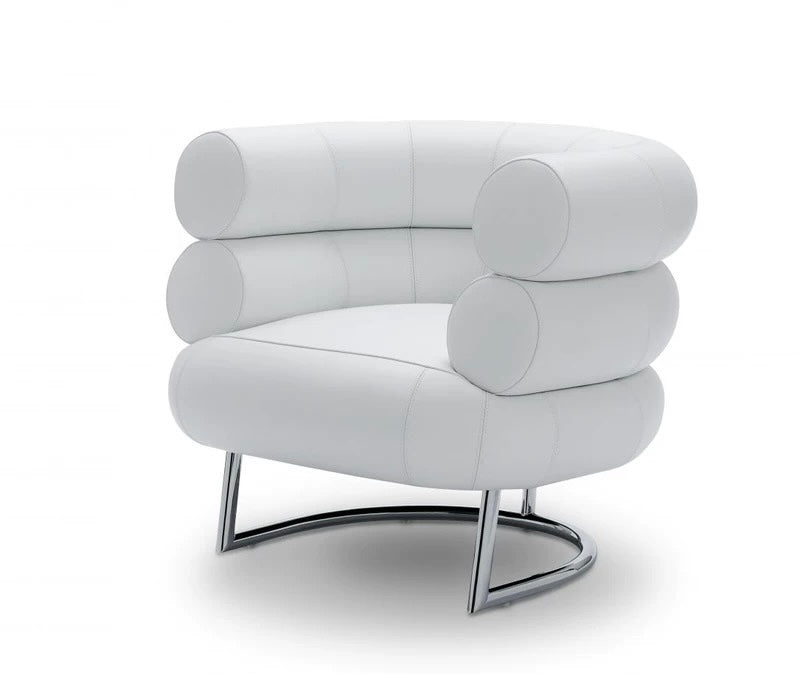 Modern white armchair with cylindrical design on a white background