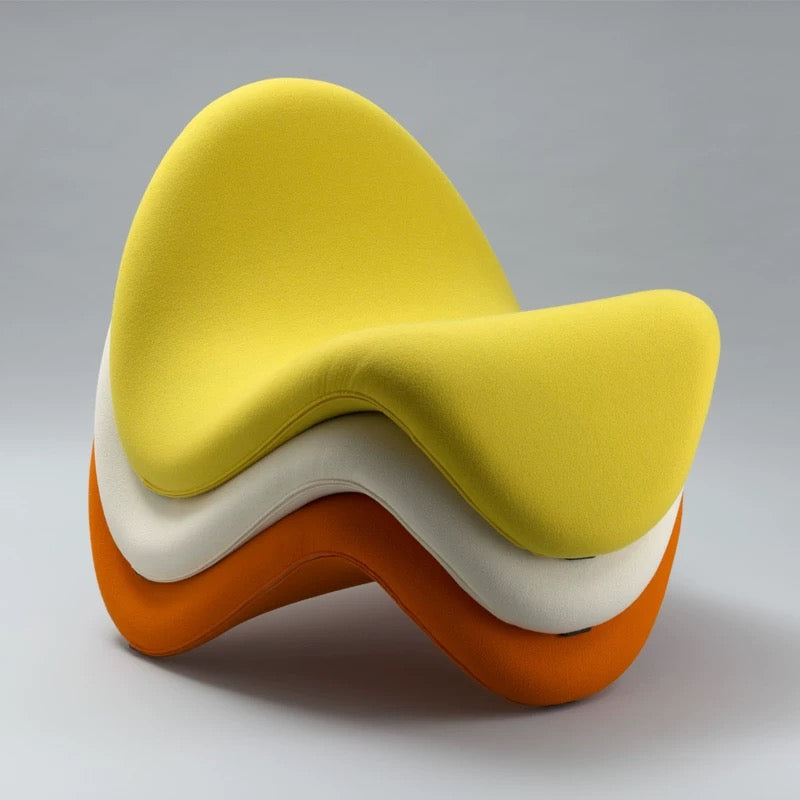 Modern, wavy chair with yellow, orange, and white colors on a gray background