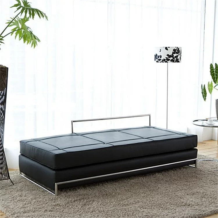 Modern black sofa bed in a room with plants and a lamp.