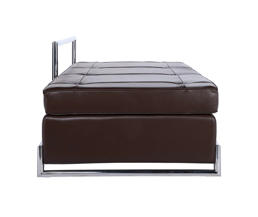 Brown leather ottoman with metal legs on a white background