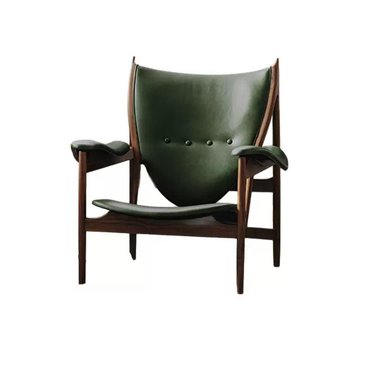 Green leather chair with wooden frame on a white background
