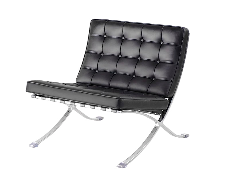 Black leather chair with chrome legs on a white background