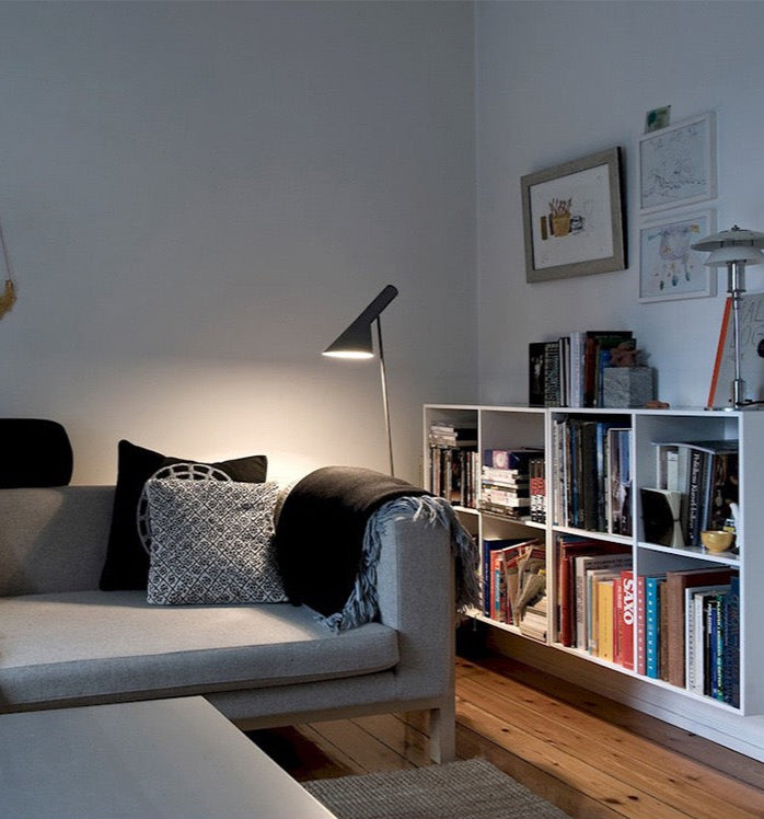 Modern living room with a gray sofa, bookshelf, and floor lamp.