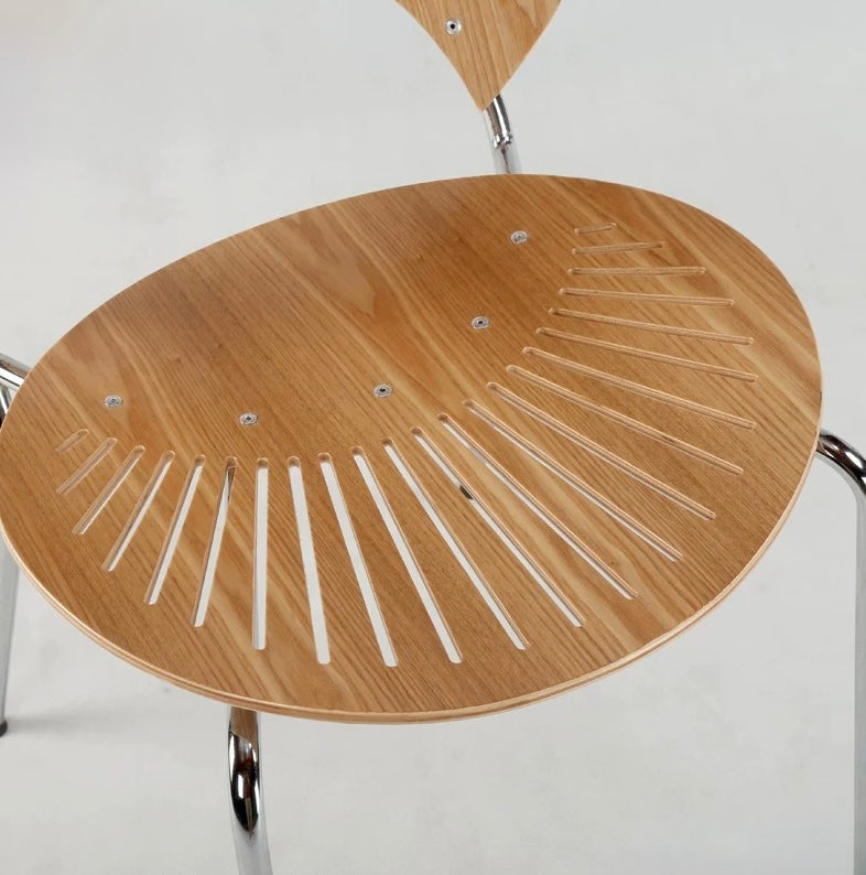 Wooden chair seat with metal legs on a white background