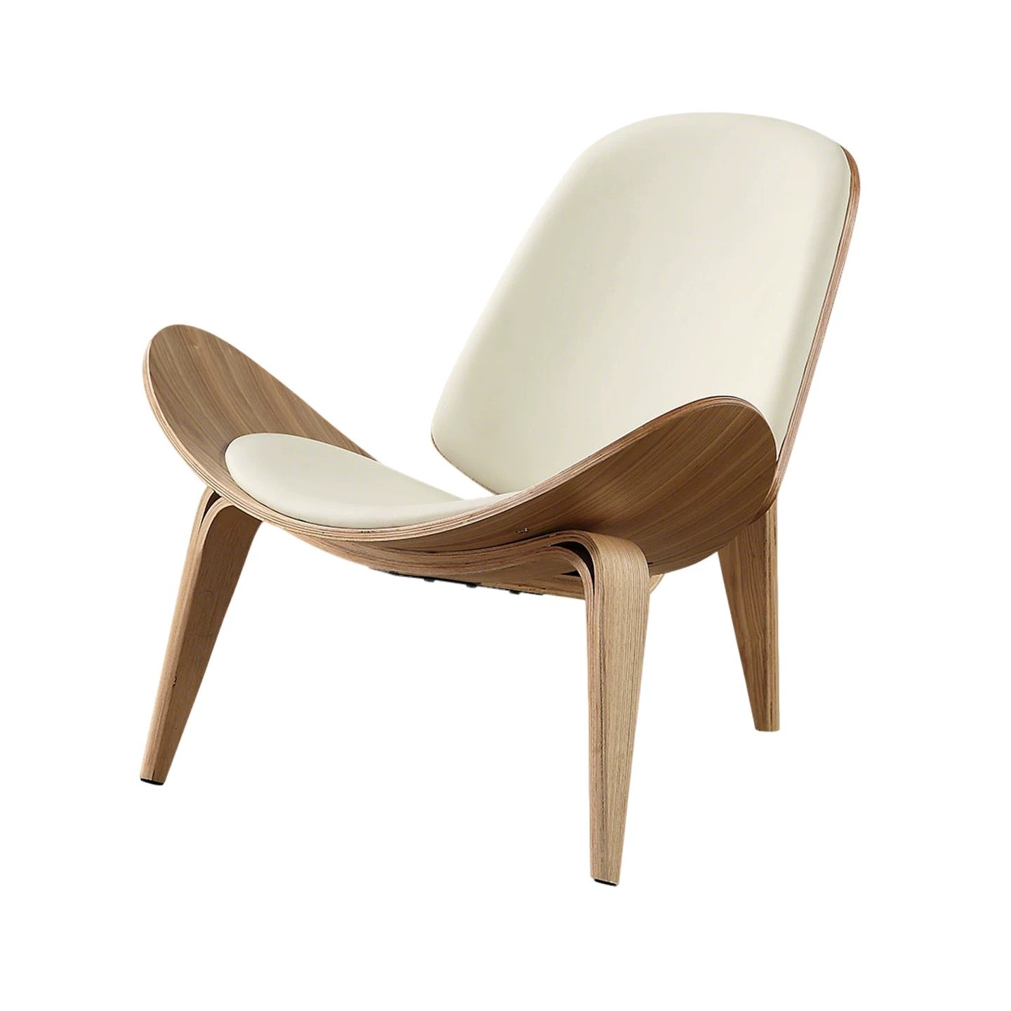 Modern chair with wooden frame and white cushion on a white background
