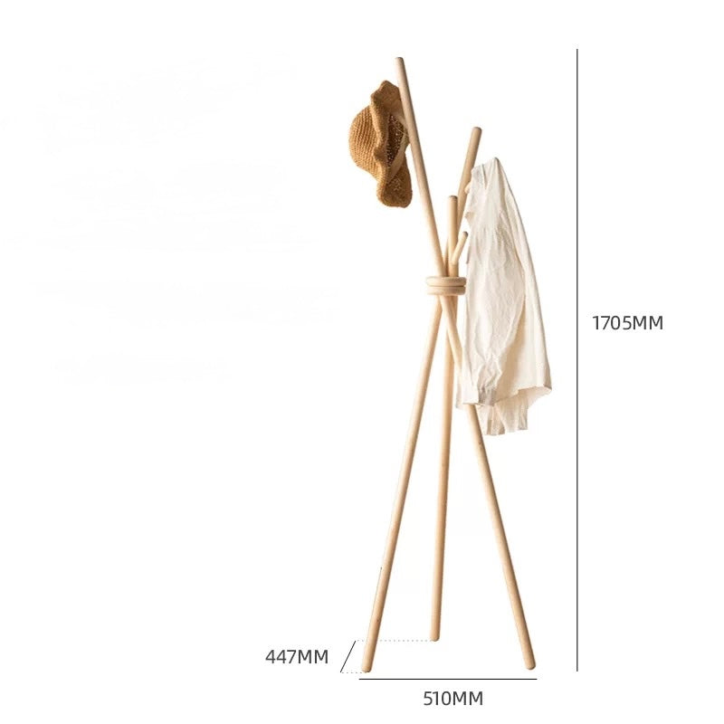 Wooden coat rack with a hat and jacket, showing dimensions on a white background