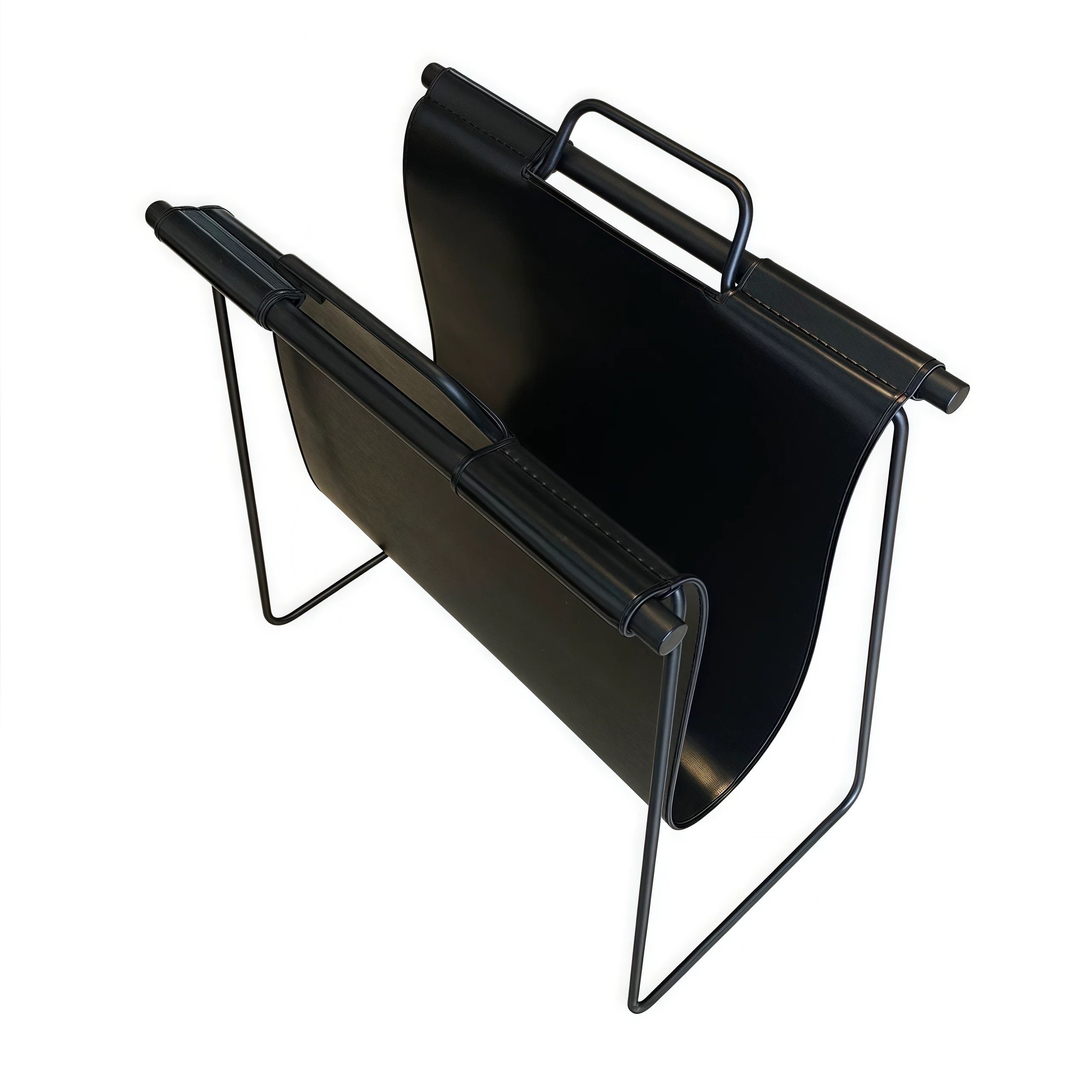 Black metal magazine rack on a white background