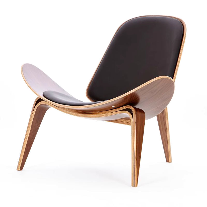 Modern chair with black cushion and wooden frame on a white background