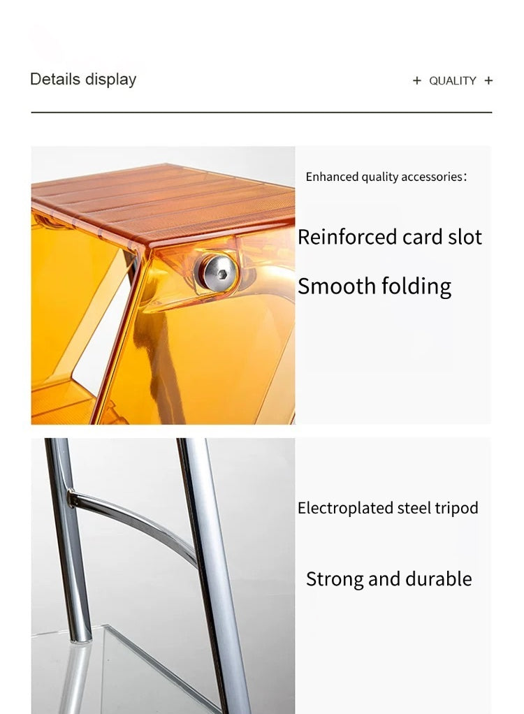 Product details with reinforced card slot, smooth folding, electroplated steel tripod, and strong durability features.